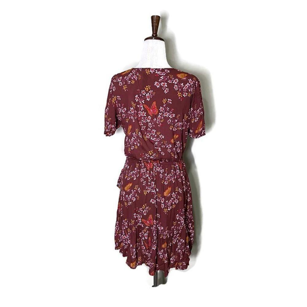 Madewell Ruffle Wrap Dress Windowbox Floral Butterfly Burgundy Short Sleeve 6 - Picture 5 of 9